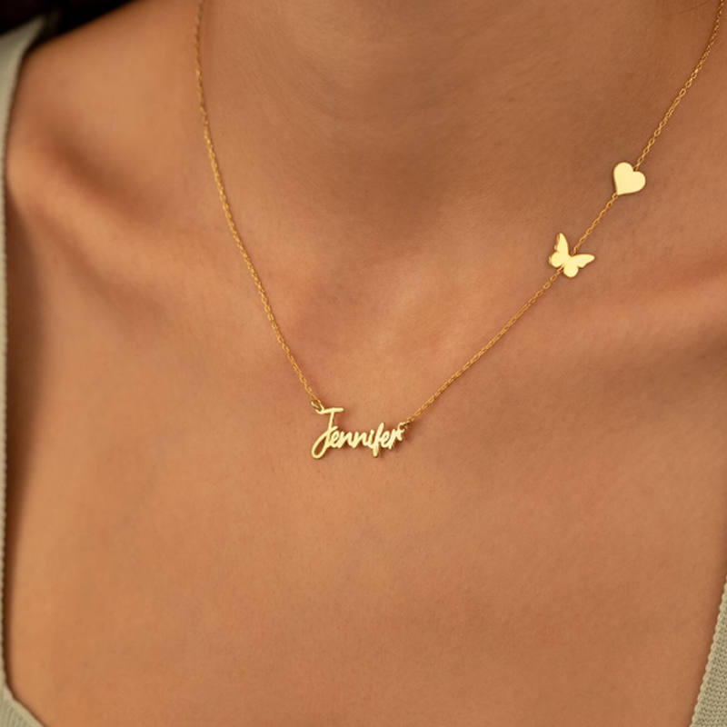 Birth Flower Necklace - สร้อยคอชื่อรูปหัวใจผีเสื้อสำหรับผู้หญิงสร้อยคอแบบโชคเกอร์อักษรเหล็กสแตนเลสเครื่องประดับทำมือออกแบบได้ตามต้องการ